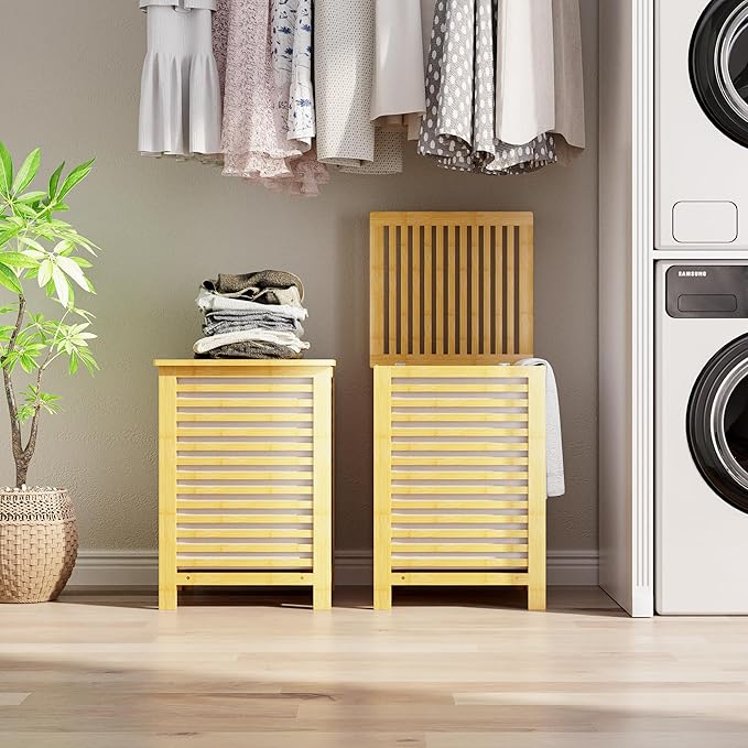 SMIBUY Double Laundry Hamper with Lid, 120L Bamboo Laundry Basket with Removable Liner Bag, 2-Section Clothes Divider Laundry Sorter for Laundry Room, Bathroom, Bedroom (Natural)