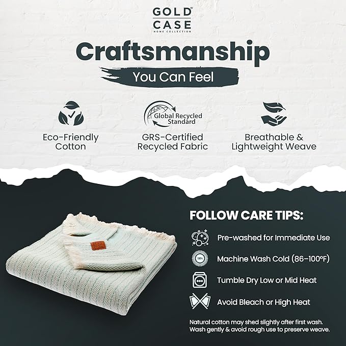 Gold Case Throw Blanket for Couch – 100% Recycled Turkish Cotton Blankets & Throws – Elegant Decorative Throw Blankets for Living Room Sofa – Woven Throws for Couch – Aqua – 60x80