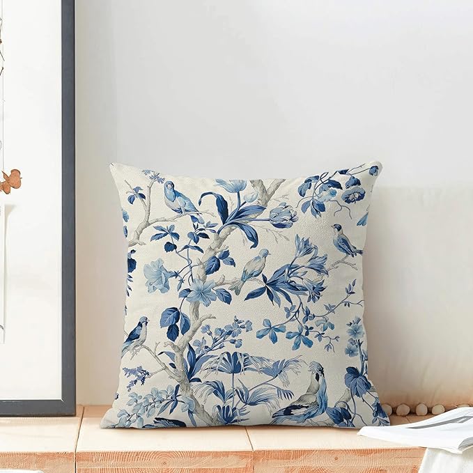 CXMEIFLY Navy Blue Spring Floral Pillow Covers 18 x 18 Inch Set of 2 for Chinoiserie Flowers Bird Decor Throw Pillows Vintage Plant Outdoor Decorative Cushion Cases for Couch Bed Decorations