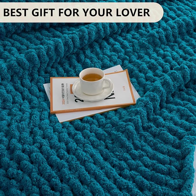 L'AGRATY Chunky Knit Blanket Throw: 60''x80'' Chenille Chunky Knitted Throw Blanket for Bed Couch - Handmade Thick Big Cable Knit Blanket - Large Crochet Rope Blanket for Home Decor(Teal)