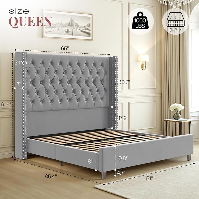 PaPaJet Queen Size Bed Frame with 61.4" Tall Headboard, Velvet Upholstered Platform and Handmade Deep Button Tufting, No Box Spring Required, Grey