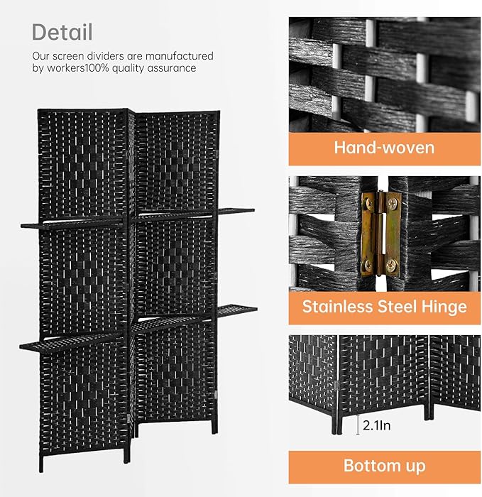 PayLessHere Room Divider Room Screen Divider Wooden Screen Folding Portable Partition Screen Wood with Removable Storage Shelves (Black, 4 Panel)