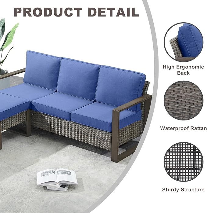 Outdoor Wicker Patio Furniture Set - 6 Piece Patio Conversation Set with 2 Wicker Swivel Rocker Chairs,2 Rattan Ottoman,1 Side Table and 1 Couch,Thick Cushions,Deep Seating(Mixed Grey/Blue)