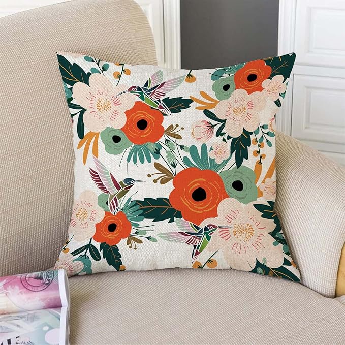 TSSOHU Flower and Hummingbird Pillow Cover Cotton Linen Spring Red Flower Green Leaves Boho Decorative Pillow Covers Cushion Cover Home Decor Pillowcase for 18x18 Inch