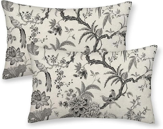 CXMEIFLY Spring Floral Birds Pillow Covers 12 x 20 Inch Set of 2 for Chinoiserie Flowers Decor Throw Pillows Black and White Plant Outdoor Decorative Cushion Cases for Couch Bed Decorations