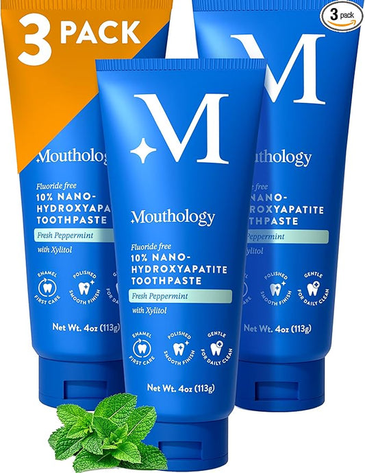 Mouthology 10% Nano Hydroxyapatite Toothpaste (3pk, Fluoride Free), Whitening*, Supports Enamel Care*, Appropriate for Sensitive Teeth*, SLS Free, Xylitol nHA Toothpaste Adults, Mint 4oz (USA Made)