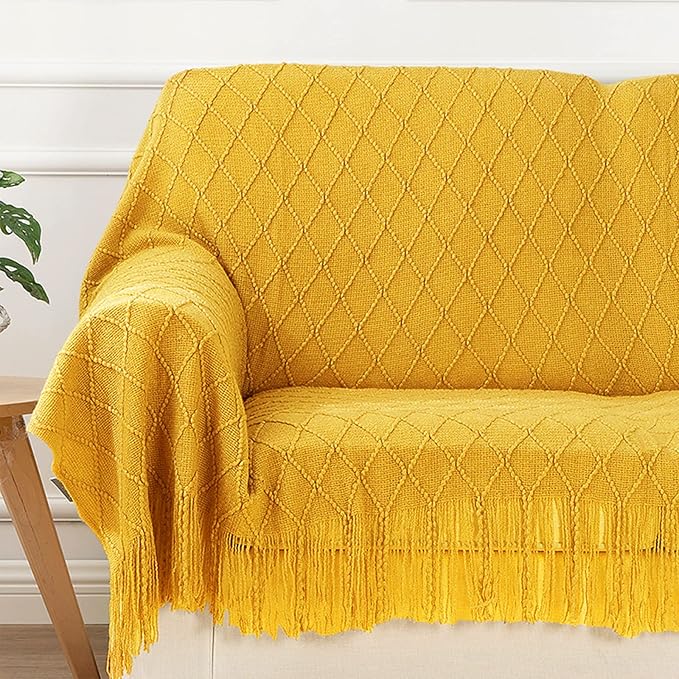 inhand Knitted Fall Throw Blanket for Couch and Bed, Knit Fall Decor Halloween Blanket with Tassel, Mustard Yellow Lightweight Decorative Farmhouse Warm Woven Blankets and Throws for Women, 60"x80"