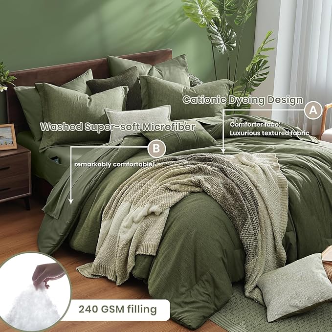 Monbix California King Comforter Set - 7 Pieces Cationic Dyeing Olive Green Bed in a Bag Cal King Bedding Sets with Comforter, Sheets, Pillowcases & Shams, Reversible Bedding Comforters Sets(108 * 92)