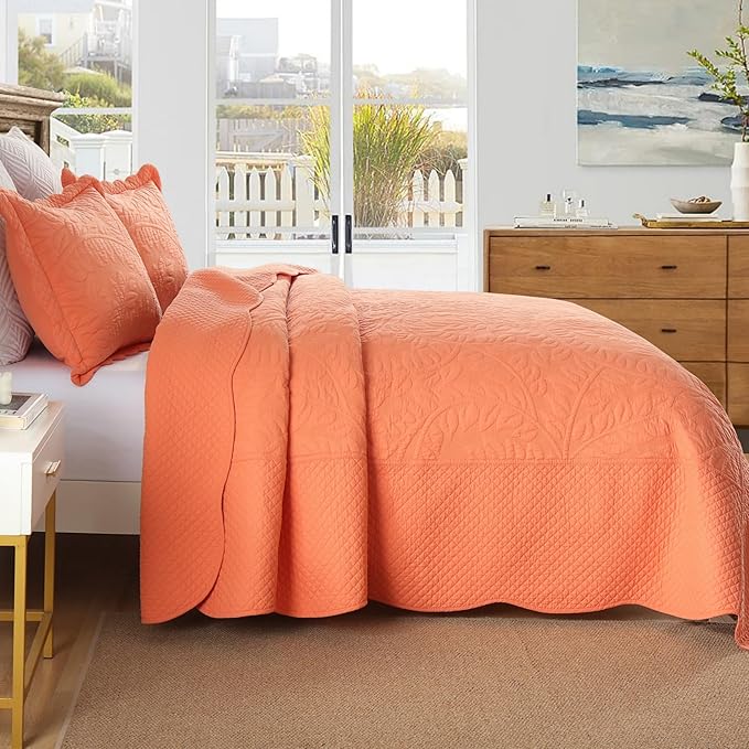 MarCielo 3-Piece 100% Cotton Oversized Bedspread Lightweight Quilt Coverlet Embroidery Farmhouse Bedding Set T0 (Salmon, Oversized Queen (100"x106"))