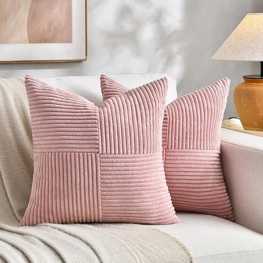 Fancy Homi 2 Packs Blush Pink Decorative Throw Pillow Covers 16x16 Inch for Living Room Couch Bed, Rustic Farmhouse Boho Home Decor, Soft Corss Patchwork Corduroy Textured Square Cushion Case 40x40 cm