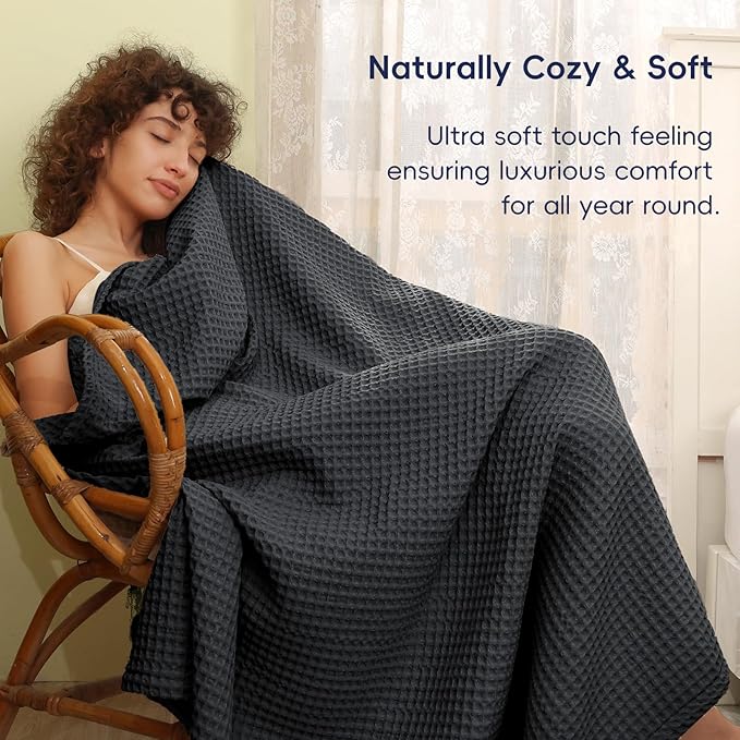 PHF Ultra Soft Waffle Weave Blanket Twin Size 66"x 90"- Washed Lightweight Breathablee Cozy Woven Blanket - Great for Couch Bed Sofa Home Car - Black