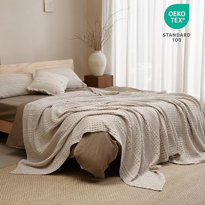 PHF 100% Cotton Waffle Weave Blanket King Size, Soft Lightweight Breathable Cozy Summer Blankets for Bed, Luxury Aesthetic Woven Bedding for Home Decor, 108"x90", Oatmeal