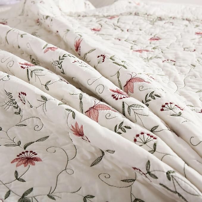 MarCielo 3-Piece 100% Cotton Oversized Bedspread Lightweight Quilt Coverlet Embroidery Farmhouse Bedding Set(TC Soft White,Oversized King (118"x106"))