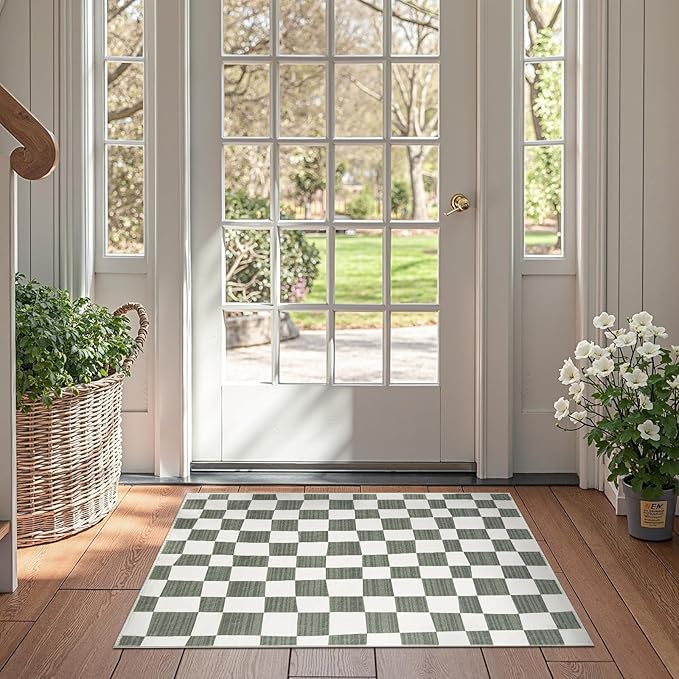 jinchan 2x3 Kids Area Rug Washable Indoor Entryway Doormat Modern Checkered Geometric Lattice Small Rug Non Slip Soft Carpet for Nursery Room Bedroom Bathroom Home Grey