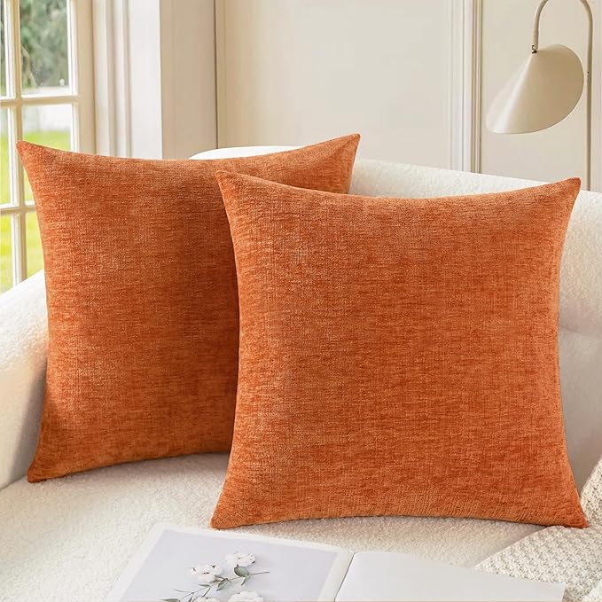 CaliTime Fall Throw Pillow Covers Decorative 26 X 26 Inches Pack of 2 Cozy Chenille Cushion Cases for Couch Sofa Bed Living Room Home Burnt Orange