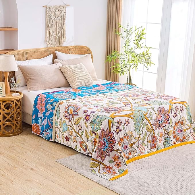 Boho Throw Blanket for Bed, 100% Cotton Soft Rustic Quilt Fall Blanket, 80"x90" Floral Printed Farmhouse Decor Bed Blankets, All Season Rustic Reversible Bohemian Throw Quilt