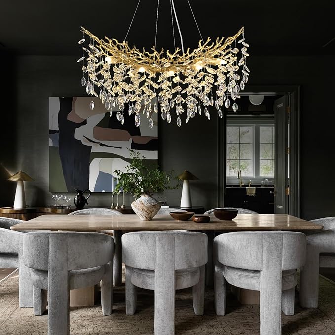 Modern Crystal Gold Chandelier, 36" Large Rectangular Oval Tree Branch Crystal Chandeliers for Dining Room,16-Light Flush Mount K9 Crystal Chandeliers, for Kitchen Island,Dining Room