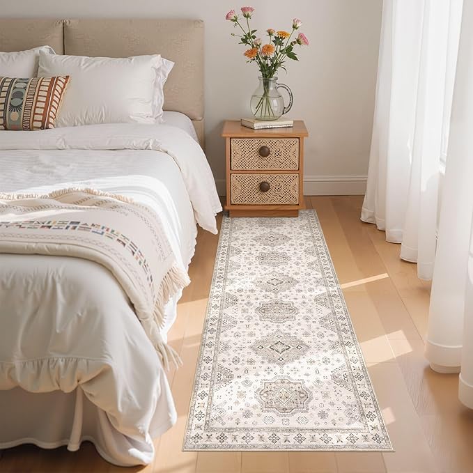 Washable 2x6 Runner Rug - Area Rugs Neutral Vintage Distressed Floral Farmhouse Boho Large Soft Floor Rug Indoor Carpet for Hallway Entryway Bedroom Kitchen - Beige Brown