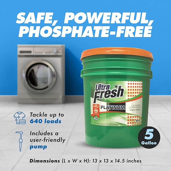 Ultra Fresh 5 Gallon Liquid Laundry Detergent Washing Soap for All Machine Types, 3X Platinum, Up to 640 Loads, Original Green