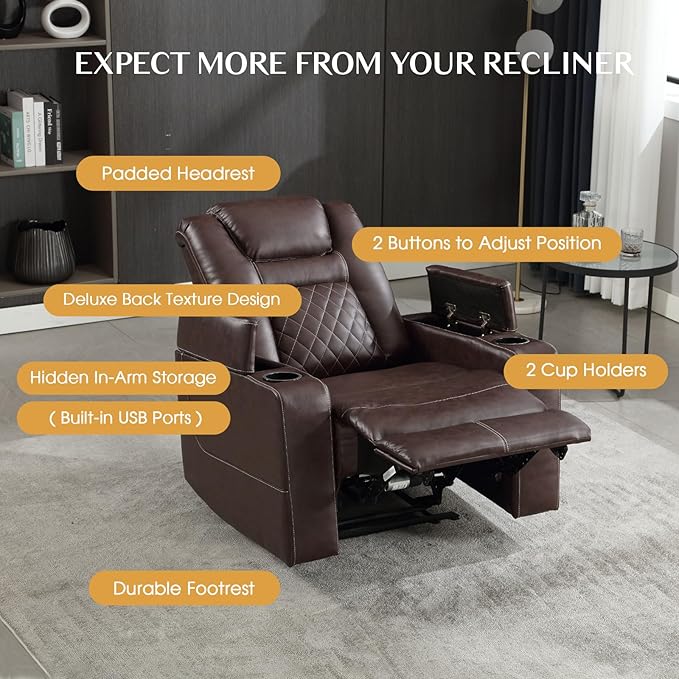 CANMOV Electric Power Recliner Chair with USB Ports and Cup Holders, Breathable Leather Home Theater Seating with Hidden Arm Storage (Red Brown)