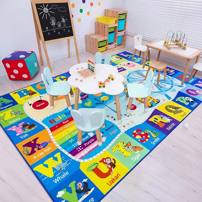 Kids Rugs for Playroom Bedroom Classroom Nursery, Non-Slip and Washable Rugs for Children Toddlers Girls, Educational and Fun Rug Carpets with ABC Alphabet Animals Shapes, 6x9, Blue
