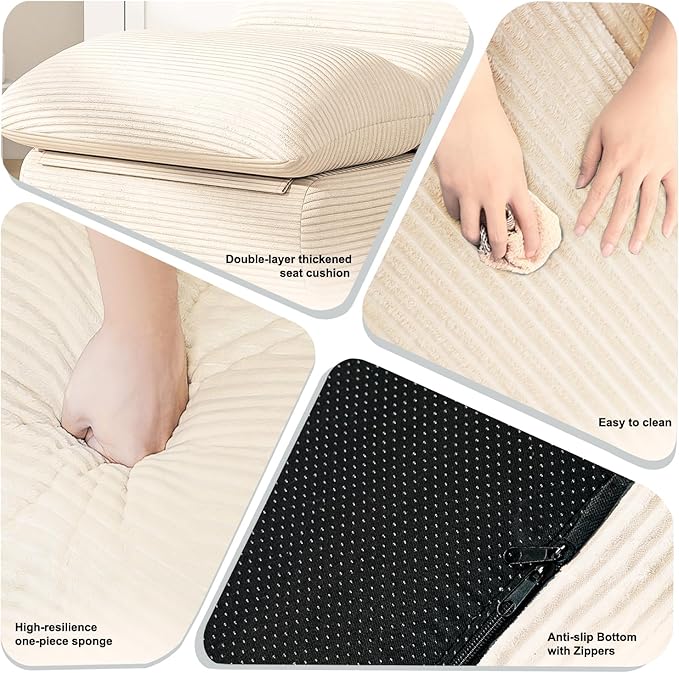 Misolant Bean Bag Chairs，Big Corduroy Fabric Sofa Bean Bag Chair for Adults and Teens with High-Resilience Sponge, Non-Slip Base Floor Lounge Sofa for Home, Living Room, Bedroom, Gaming Beige White