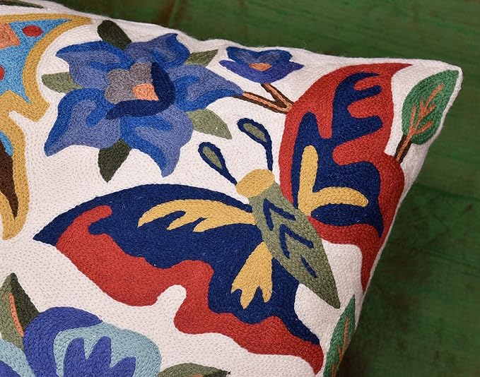 Butterfly Floral Decorative Pillow Cover Moth Botanical Flower Pillowcase Couch Hand Embroidered Flowery Outdoor Cushion Chair Suzani Accent Wool 18x18 Inch