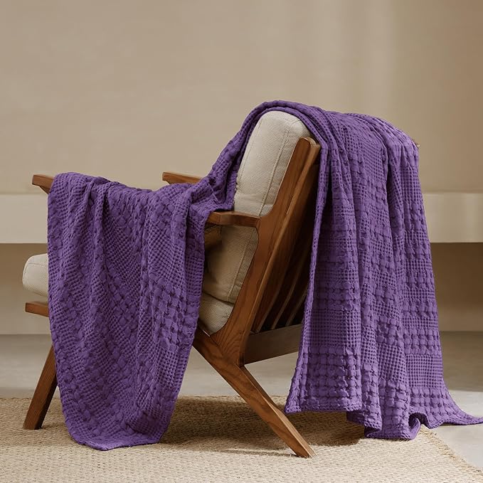 PHF 100% Cotton Waffle Weave Throw Blanket, Soft Lightweight Breathable Cozy Summer Throws for Couch Bed Sofa, Luxury Aesthetic Woven Blanket for Home Decor & Office, 50"x60", Grape