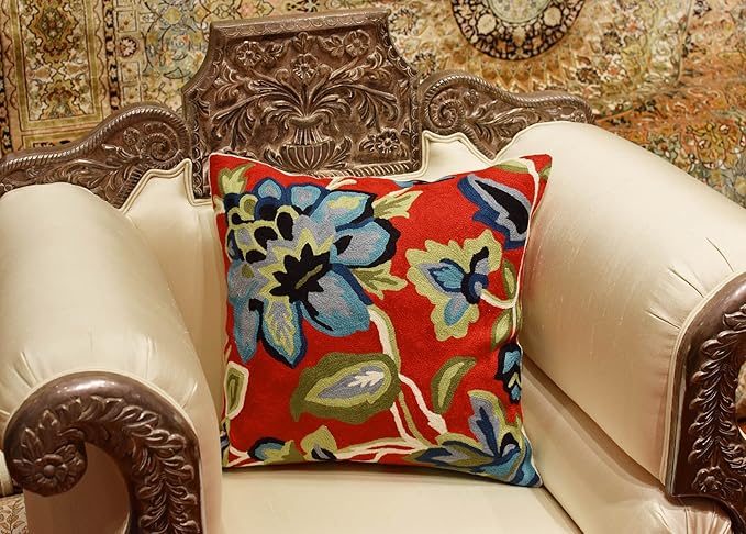 Red Floral Pillow Cover Hand Embroidered Flower Throw Pillowcase Floral Outdoor Cushion Suzani Cushions Modern Flowery Chair Hand Embroidered Wool Size 18x18