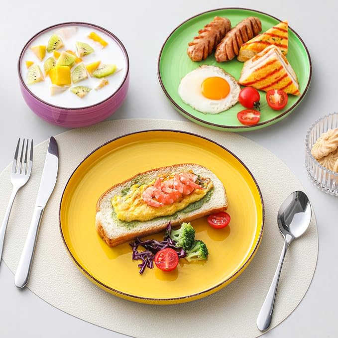 vancasso Bonita Stoneware Dinnerware Sets, 12 Pieces Dishes Set，Polished Round Plates and Bowls Set for 4, Dishwasher and Microwave Safe, Multicolor