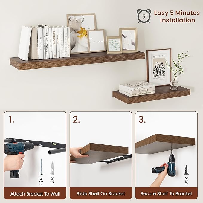 Wide Floating Shelves for Wall 12 Inch Deep, 24" X 12" X 2" Floating Shelf, 2 Inch Thick Shelf for Bathroom Bedroom Kitchen Book Room, Heavy Duty 55lbs Shelves for Farmhouse Decor Set of 2, Walnut