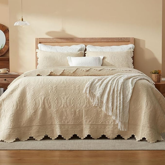 MarCielo 3-Piece 100% Cotton Oversized Bedspread Lightweight Quilt Coverlet Embroidery Farmhouse Bedding Set(TL Beige,Oversized King (118"x106"))
