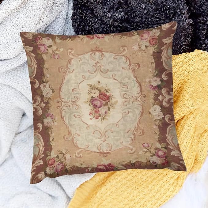 RURALS Antique Rose Floral French Aubusson Rug Decorative Pillow Covers Cozy Soft Throw Pillowcase Square Couch Cushion Cover for Home Decor Sofa Living Room Bed Car 18x18 Inch