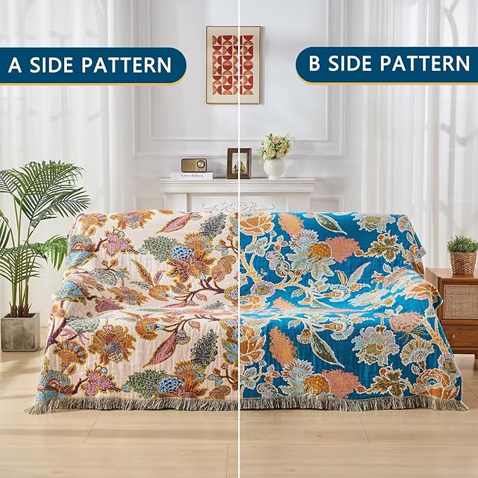 Boho Throw Blanket for Bed, Sofa,Cozy Lightweight Fall Blanket,100% Cotton Southwestern Farmhouse Floral Decor, Reversible Rustic Blanket, Chair, Picnic Throw Blanket,50"x60"