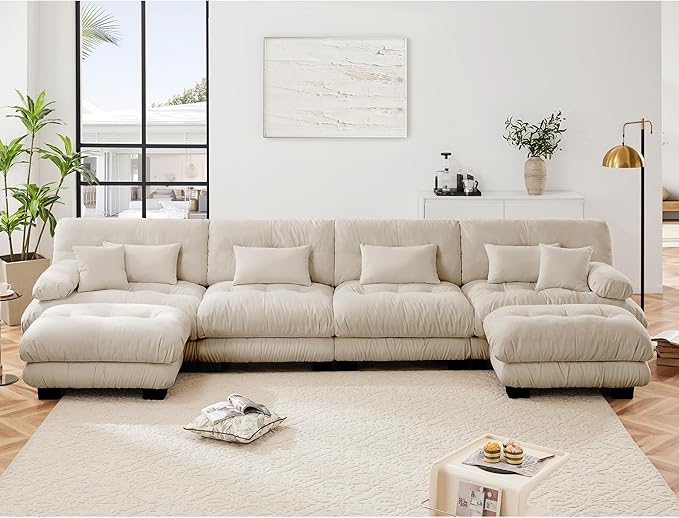 U Shaped Couch Sectional Couch, 4-Seater Cloud Couch Sectional Oversized Couch, Sofa Bed Couch with Round Bolster Armrests 6 Pillows, Modular Couch Home Sofa Living Room Couch