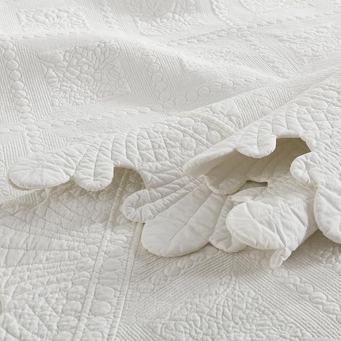 MarCielo 3-Piece 100% Cotton Oversized Bedspread Lightweight Quilt Coverlet Embroidery Farmhouse Bedding Set (TK White, Oversized Queen (100"x106"))