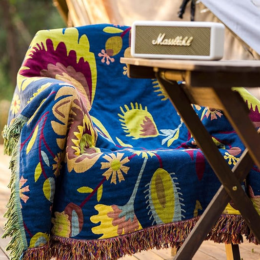 Snycler Boho Throw Blanket for Bed, 100% Organic Cotton Muslin Soft Throw-Blue Boho Floral Farmhouse Rustic Spring Summer Fall Decor Blanket for Couch Sofa Quilt and Gift, 80" x 90"