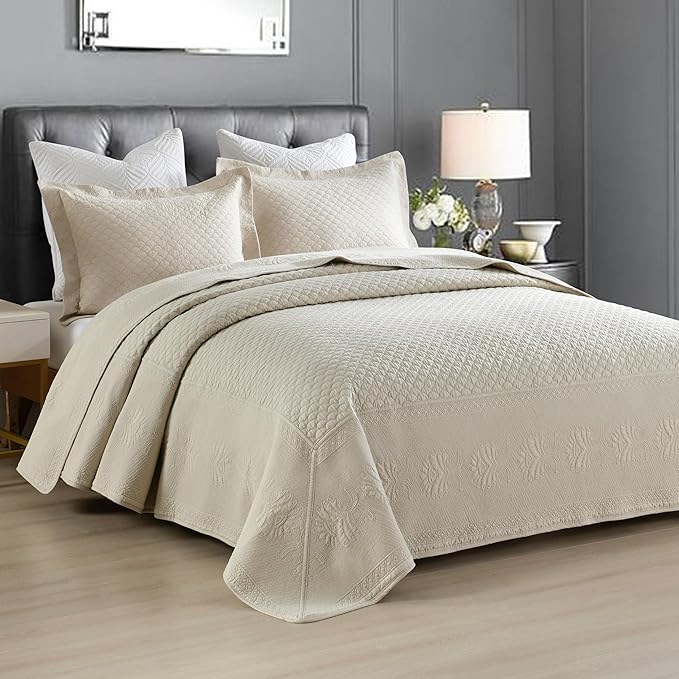 MarCielo 3-Piece 100% Cotton Oversized Bedspread Lightweight Quilt Coverlet Embroidery Farmhouse Bedding Set (TM Khaki Beige, Oversized Queen (100"x106"))