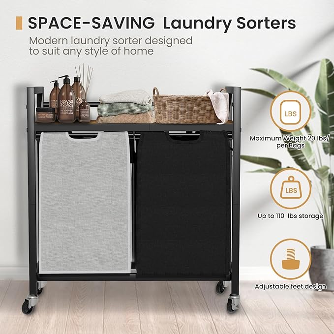 Laundry Hamper, Laundry Basket, Laundry Sorter with 2 Removable Bags, Clothes Basket with 2 Compartments, Wheels, Shelf for Laundry Room Bathroom Bedroom (2 Bags-Black Grey)