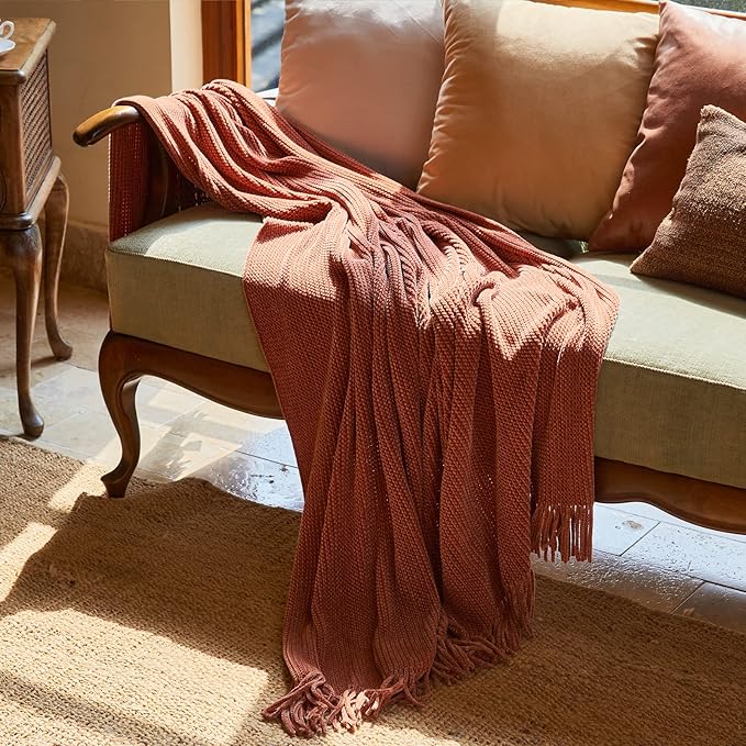 lifein Throw Blanket for Couch, Soft Boho Decor Bed Throw,Cozy Burnt Orange Chenille Knitted Small Farmhouse Lightweight Throw for Spring(Rust,60 * 80")
