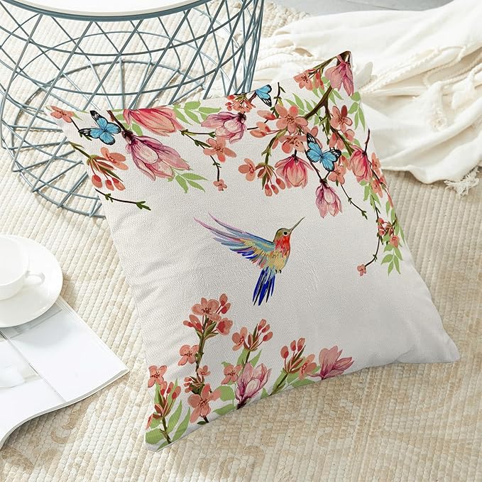 Hummingbird Flower Pillow Covers 20 x 20 Inch Set of 2 for Watercolor Floral and Birds Spring Blooming Decor Throw Pillows Nature Plant Outdoor Decorative Cushion Cases for Couch Bed Decoration