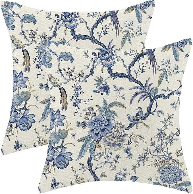 CXMEIFLY Spring Floral Birds Pillow Covers 20 x 20 Inch Set of 2 for Chinoiserie Flowers Decor Throw Pillows Blue and White Plant Outdoor Decorative Cushion Cases for Couch Bed Decorations