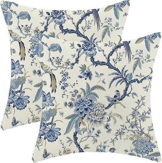 CXMEIFLY Spring Floral Birds Pillow Covers 20 x 20 Inch Set of 2 for Chinoiserie Flowers Decor Throw Pillows Blue and White Plant Outdoor Decorative Cushion Cases for Couch Bed Decorations