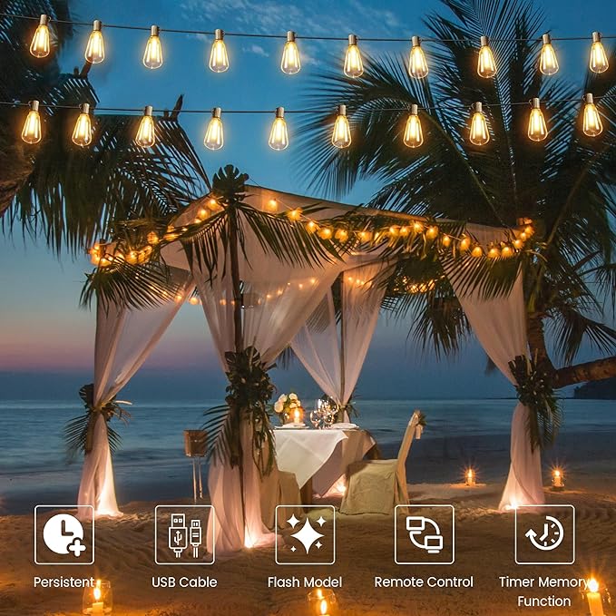 OHLUX 120FT Solar String Lights Outdoor with Remote, 2200K Soft Warm Patio Lights with 52 Shatterproof ST38 Tear-Drop LED Filament Bulbs, Dimmable Outside Edison Hanging Light for Backyard Deck Roof