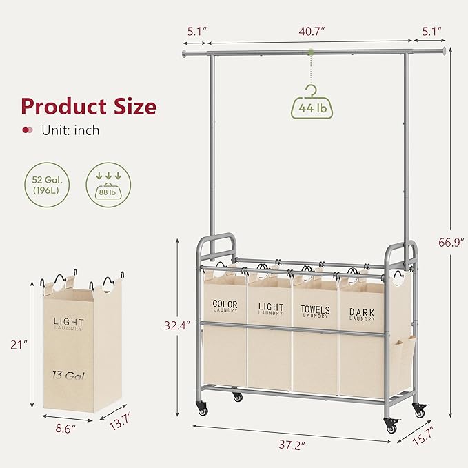 Tajsoon Laundry Hamper with Hanging Rack, Laundry Sorter 4 Sections, 4 Basket Butler with Lockable Wheels and Removable Bag, Rolling Laundry Cart for Bedroom, Beige