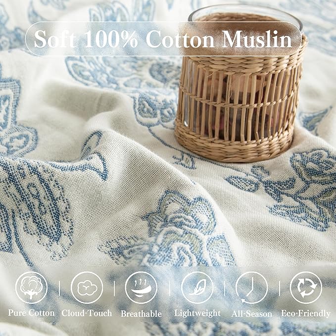 Boho Throw Blanket Full Size, Extra Large Soft Cozy Cotton Muslin Quilt Blanket for Bed Decor, Floral Patterned Couch Sofa Chair Cover, Vintage Farmhouse Cottage Woven Blanket, Blue&White