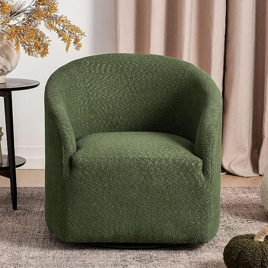 KINWELL 32" Wide Modern Boucle Swivel Barrel Chair, No Assembly Round Upholstered Swivel Accent Armchair for Living Room, Bedroom, Office (Green)