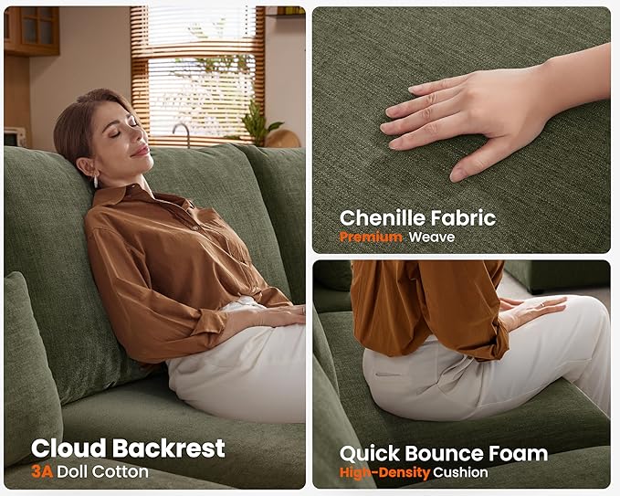 Oversized Modular Sofa, Extra Deep Cloud Chenille Sectional Couch with Ottoman Chaise, Fluffy Chenille Corner V Shape Sofa for Living Room, Villa (Corner V Shape+Ottoman, Chenille Green)