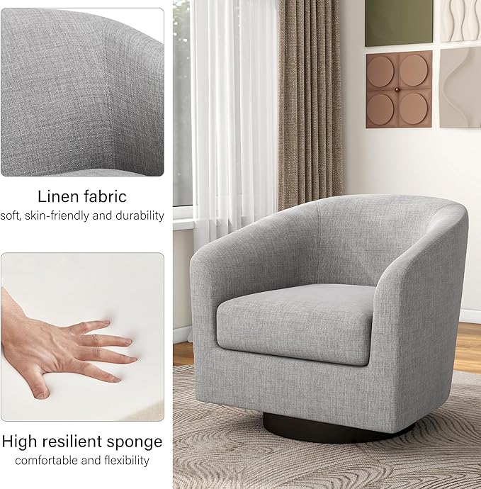 Swivel Barrel Accent Chair Set of 2, Modern Round Linen Arm Chair for Living Room, Bedroom, Comfy Club Reading Chairs for Adults-Linen Fabric Light Grey