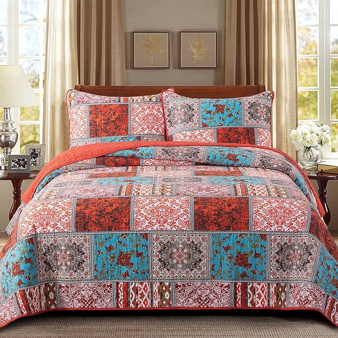 NEWLAKE Cotton Bedspread Quilt Sets-Reversible Patchwork Coverlet Set, Mediterranean Classic Bohemian Pattern,King Size